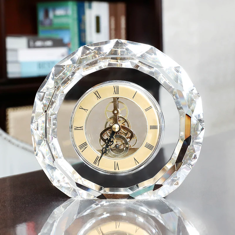 Modern Round Clear Crystal Quiet Table Clock With Gold Silver Quartz Movement For Home Office Desk Decoration Luxury Gifts