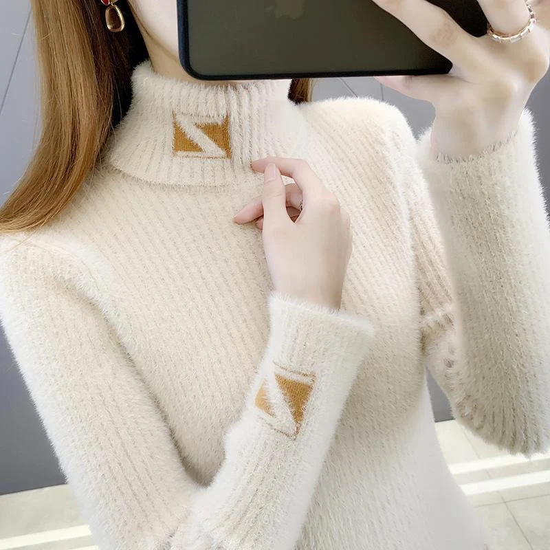 2022 Winter Elegant Chic Sweet Fashion Jacquard Slim High Collar Soft Basic Knitted Sweater for Women Casual Pullover Top Jumper