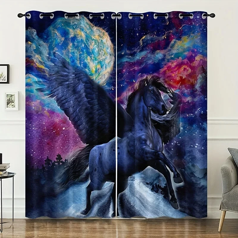 Animal Flying Horse Printed Curtains Fashion Printed Curtain for Bedroom Kitchen Living Room Home Decor New Pattern 2 Panels