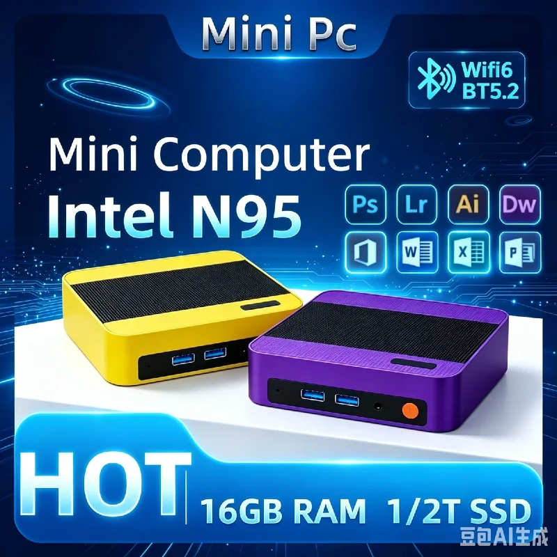 Home Office Mini Desktop Core N95,Fanless Silent Operation,16GB DDR4,512GB NVMe SSD,Triple 4K Screen Output