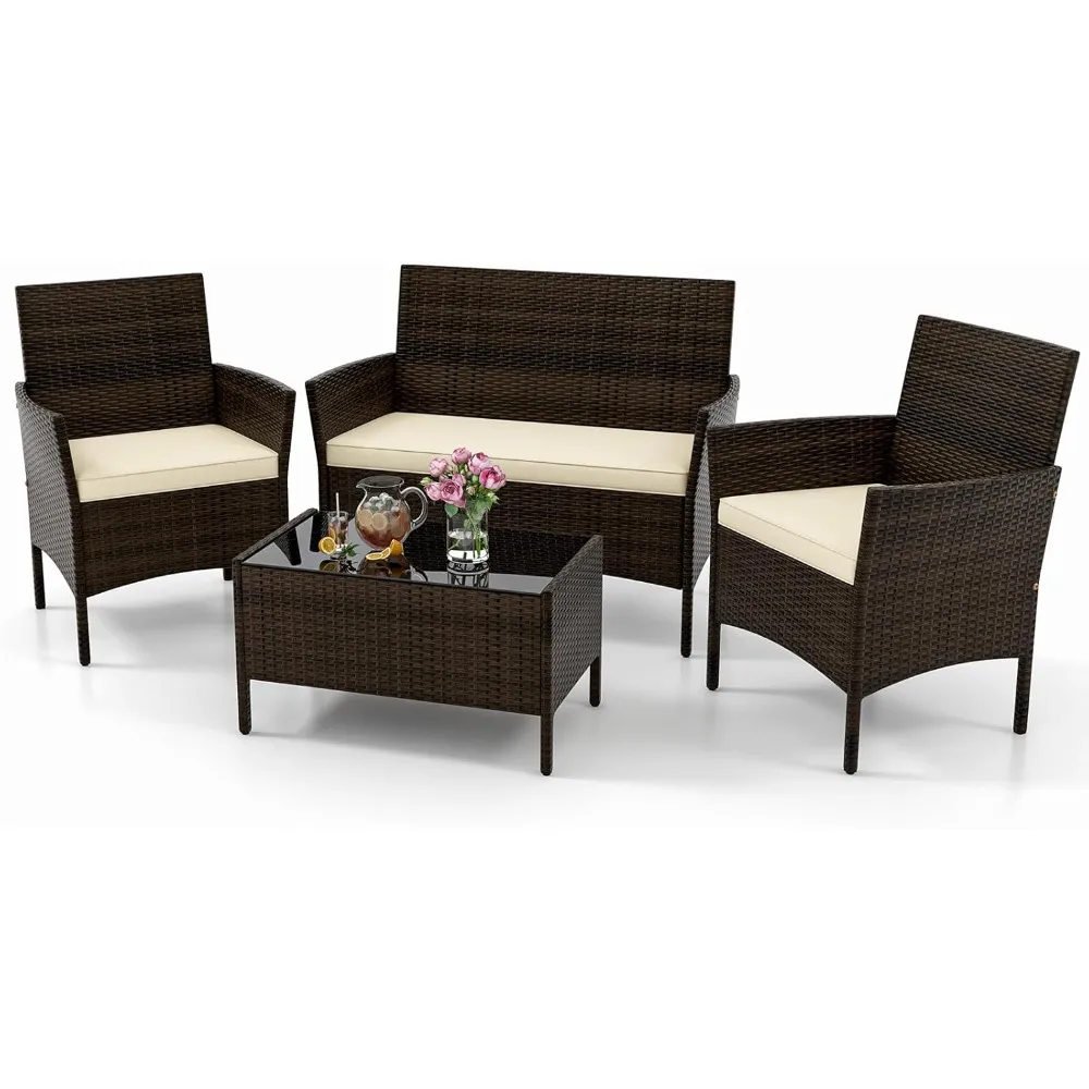 

4-piece terrace furniture set, outdoor rattan conversation set, with sofa, wicker chair, tempered glass coffee table