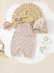 Newborn Baby Cotton Rompers Hats Outfits Sets 0-18m Solid Camel Sleeveless Knitted Infant Boy Girl Jumpsuits 2pc Toddler Clothes