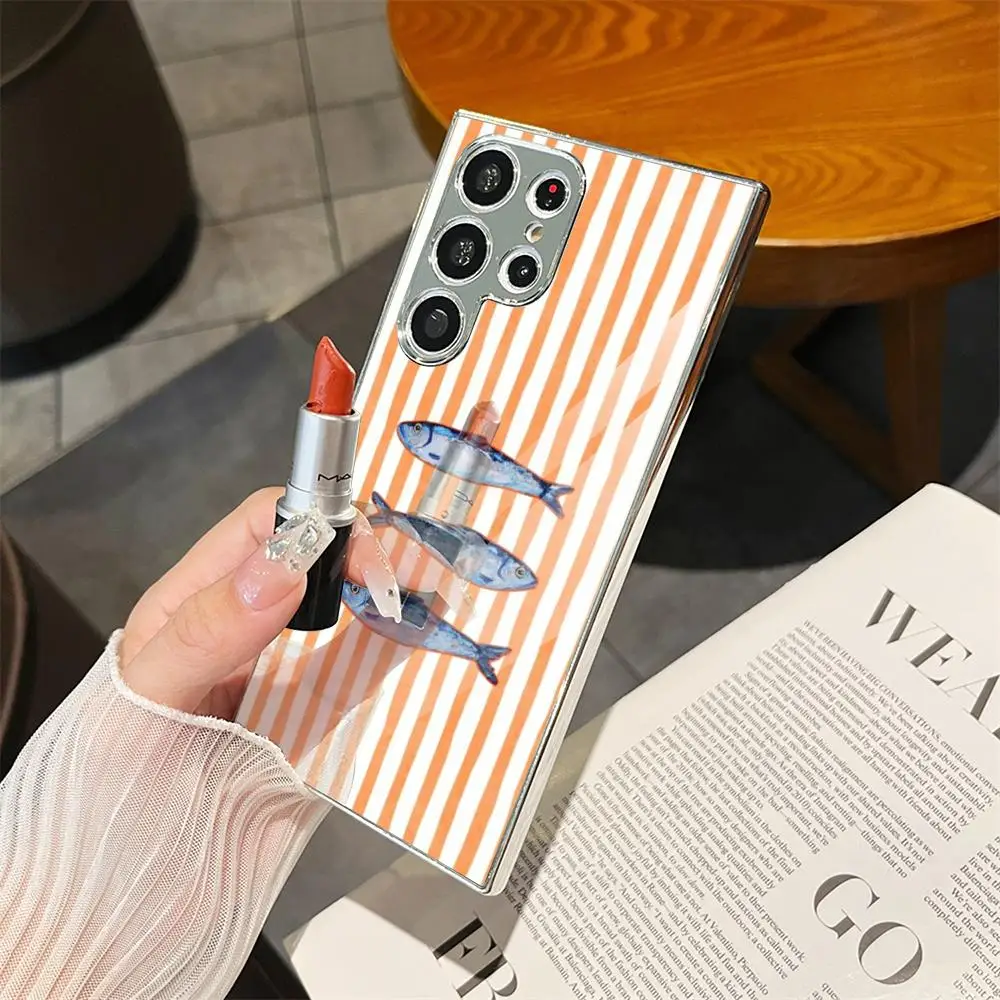 Ocean Life Striped Phone Case For Samsung Galaxy S25 S24 S23 Ultra Metal Frame Case Slim Shockproof Cover Durable