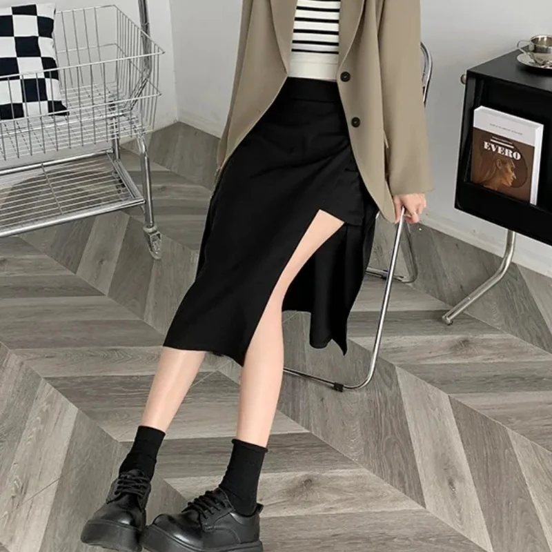 Black Midi Skirts Women Irregular Sexy Side-slit Classic Ulzzang Chic A-line Faldas Minimalist Stylish Females XS-5XL Clothing