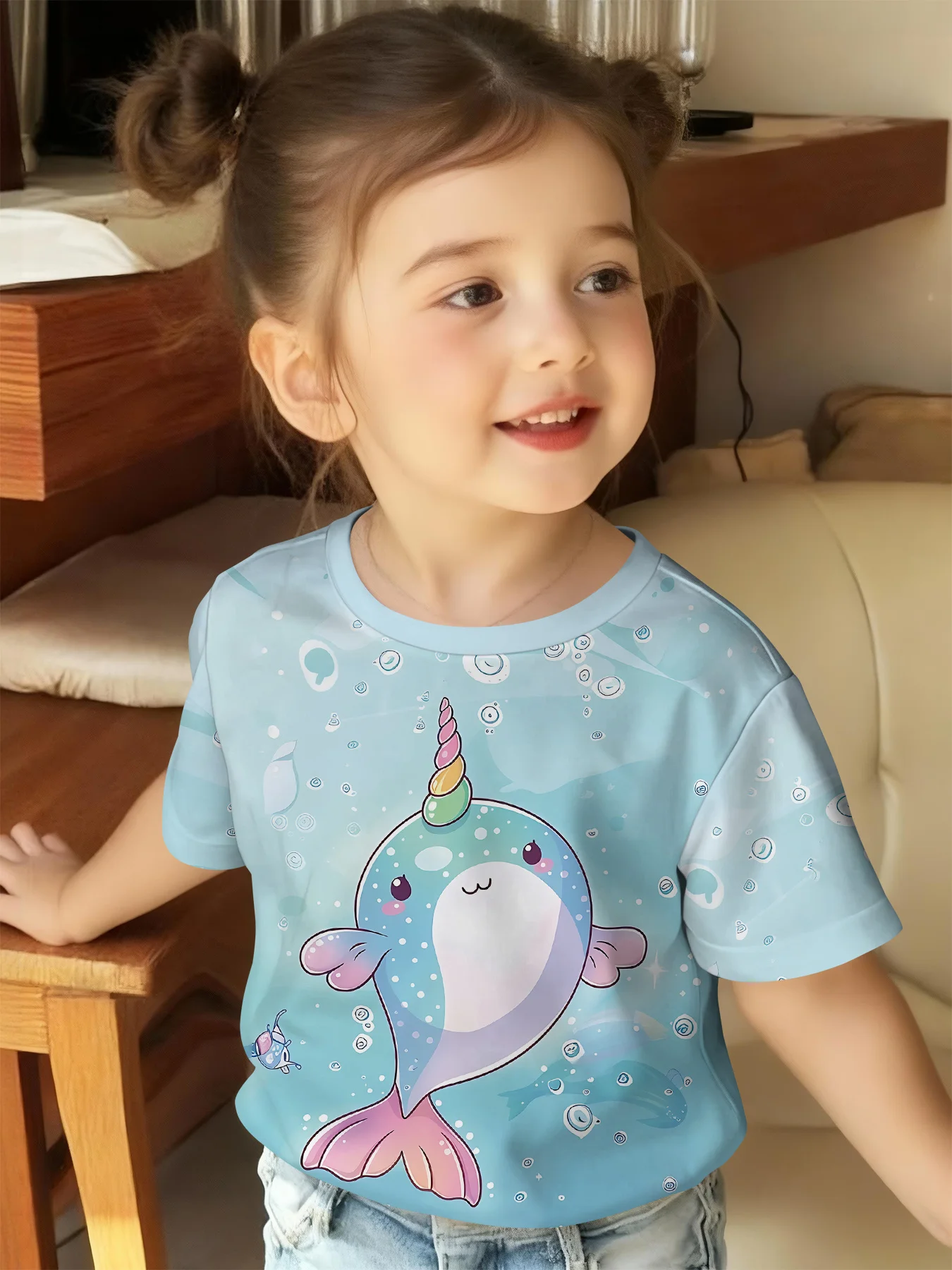 Girls Cute Narwhal T-Shirt, Light Blue Ocean Bubble Background Rainbow Horn Unicorn Whale Kids Short Sleeve Graphic Tee