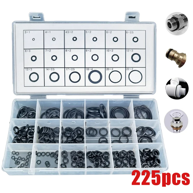 

225pcs Car Rubber O Ring Seals 18 Sizes Black O-Ring Assortment Washer Gasket Sealing with Box Seal Kit Auto Accessories