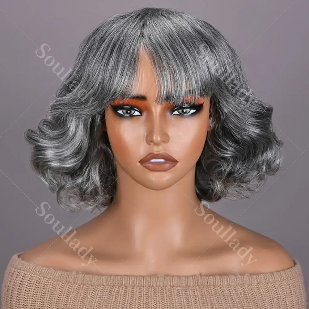 

Soul Lady US DOMESTIC SHIPPING |Beginner Friendly Salt and Pepper Bob Wig With Bangs Natural Wavy Human Hair Wear To Go Wig