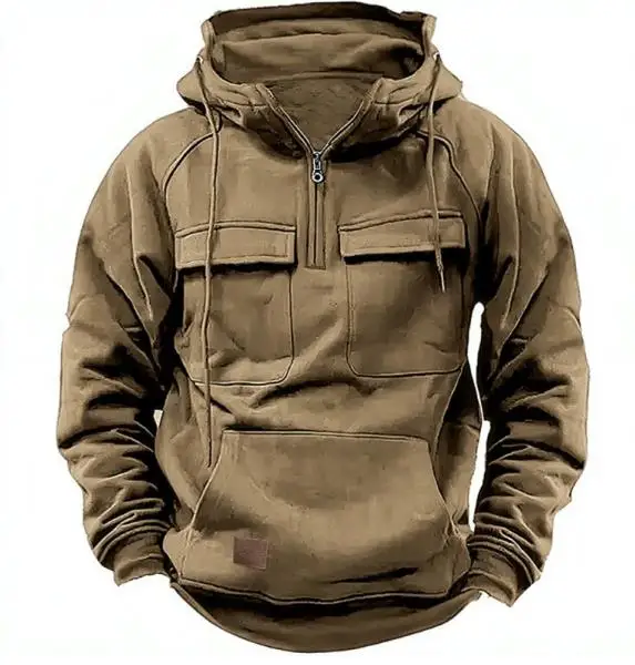 

2025 Spring and Autumn New Men's Hooded Solid Color Hoodie Youth Sports Multi Pocket Adhesive Leather Hoodie