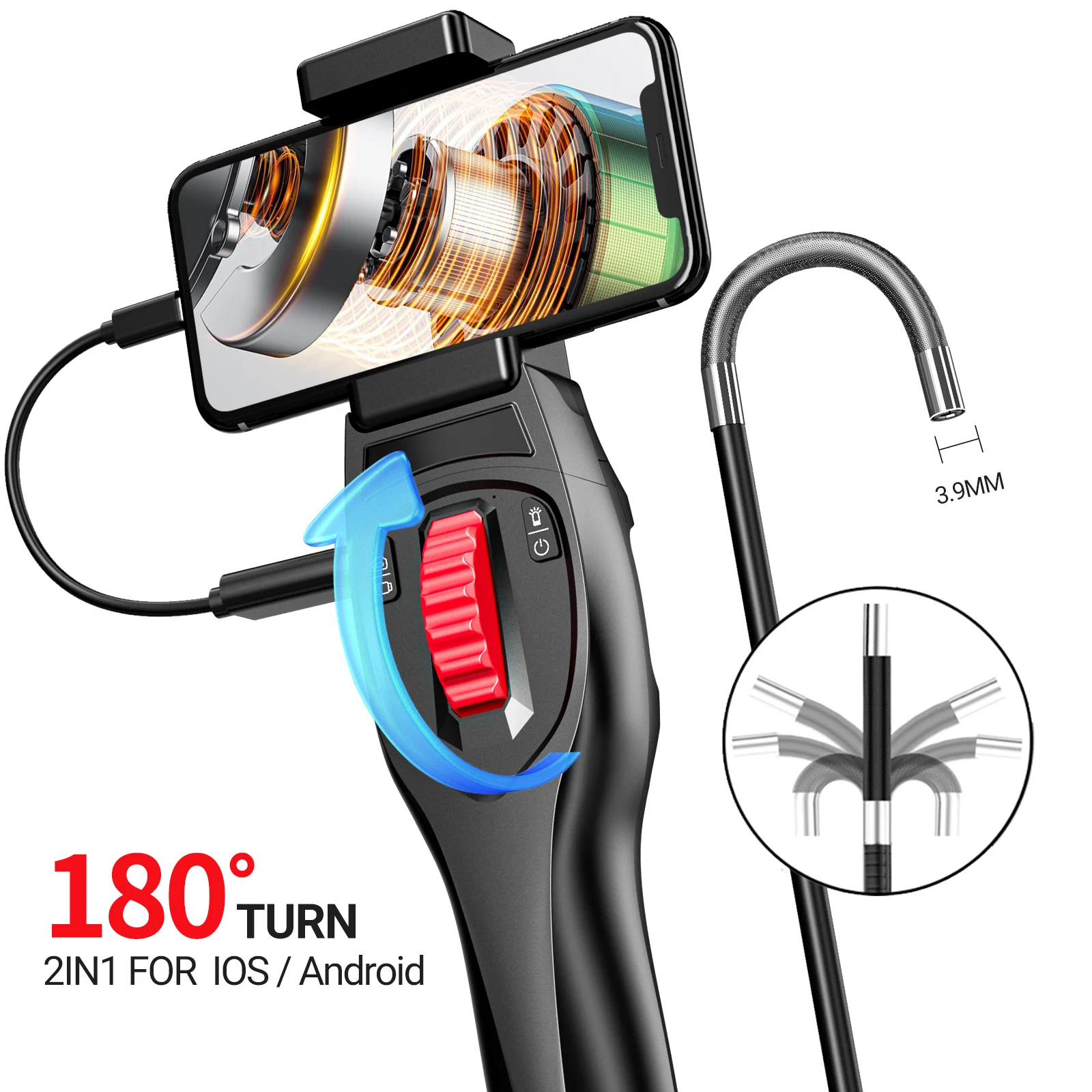 3.9mm Two-Way Endoscope Articulating Industrial Borescope Snake Camera with Light 360°Rotation Sewer Camera Support Android IOS