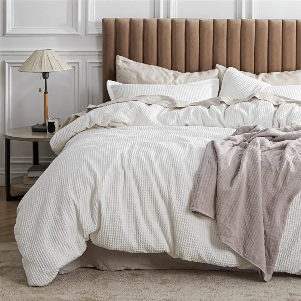 Cotton Duvet Cover Set - 100% Cotton Waffle Weave Coconut White Duvet Cover Oversized King Size, Soft and Breathable