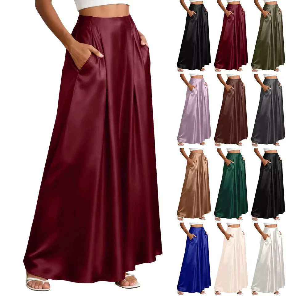 Women Silky Satin Maxi Skirts Dressy Casual Elastic High Waist A Line Flowy Skirt With Pocket Holiday Party Women Chiffon Skirts
