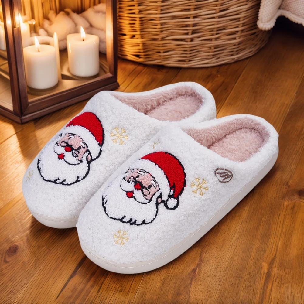 Warme Slip-on-Hausschuhe für Weihnachten, Weihnachtsmann, bequeme, flauschige Hausschuhe mit geschlossener Zehenpartie, rutschfeste, weiche, pelzige Hausschuhe für Männer und Frauen