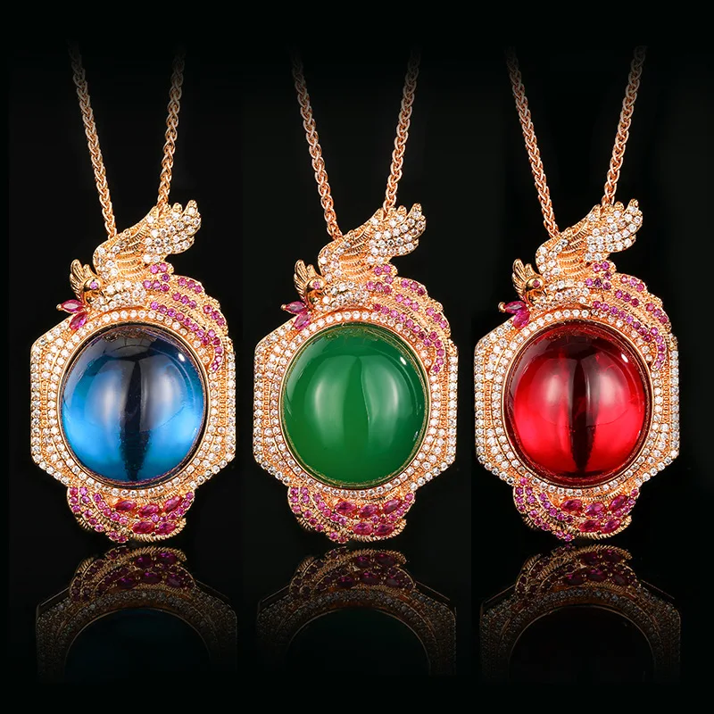 Phoenix Wing Oval Cabochon CZ Pendant Necklace Rose‑Gold Tone Double Halo Pink Accent Retro Chinese Style Women Jewelry