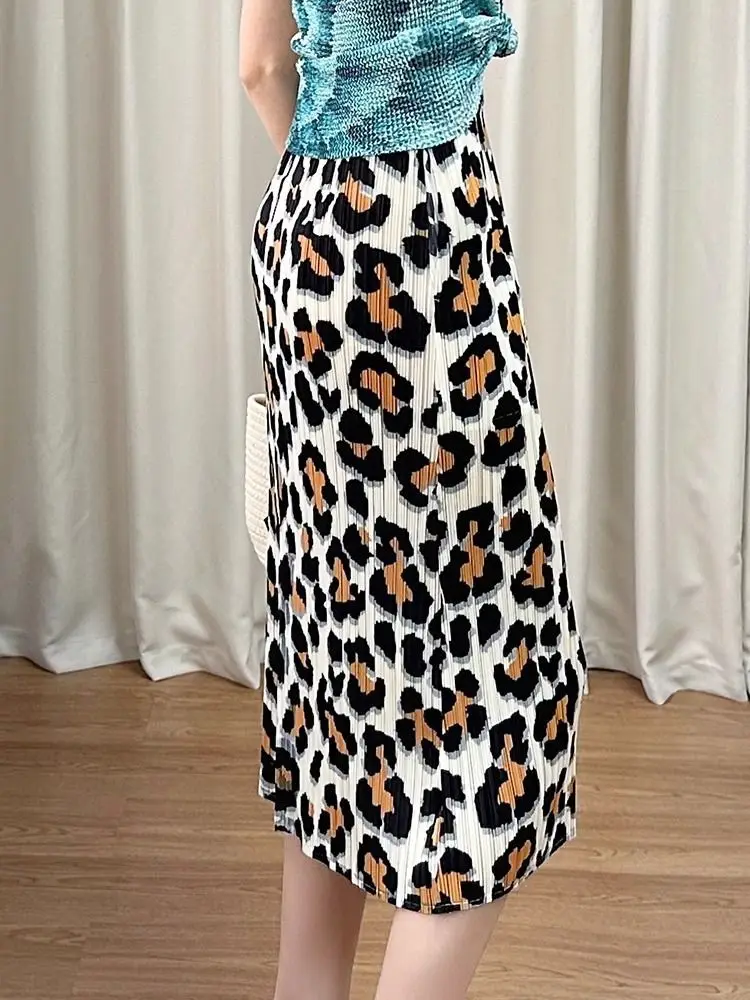 New Summer High-waisted Leopard Print Skirt with Pleated Retro Slim Slit Skirt