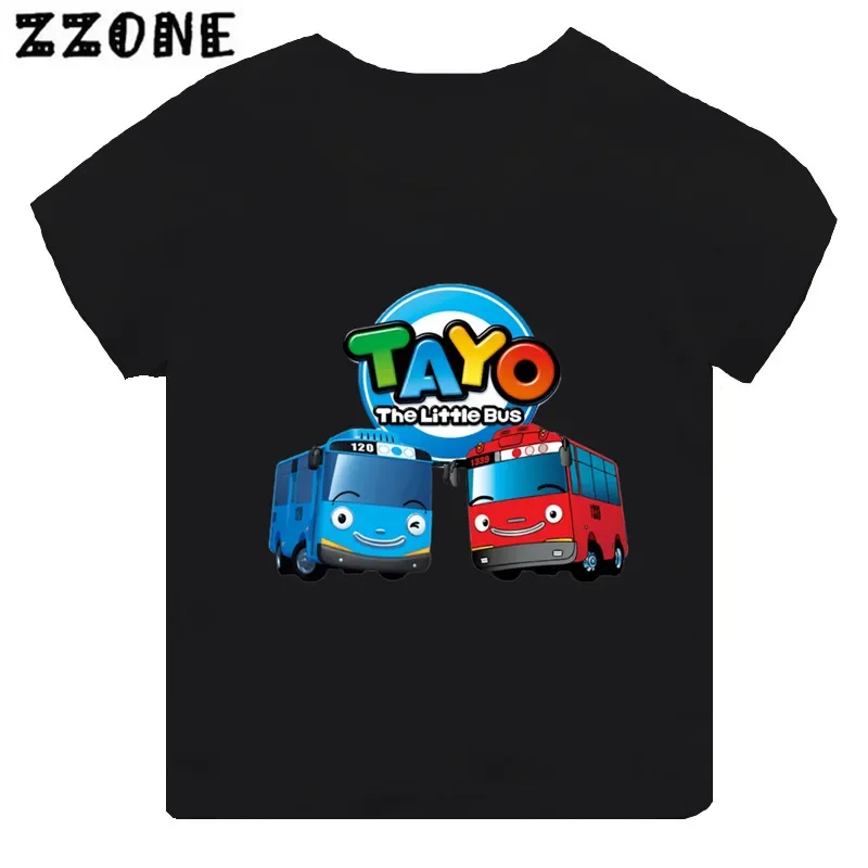 Camiseta de dibujos animados con estampado de Tayo the Little Bus para niños, Ropa para Niñas, camiseta de manga corta negra para bebés, Tops para