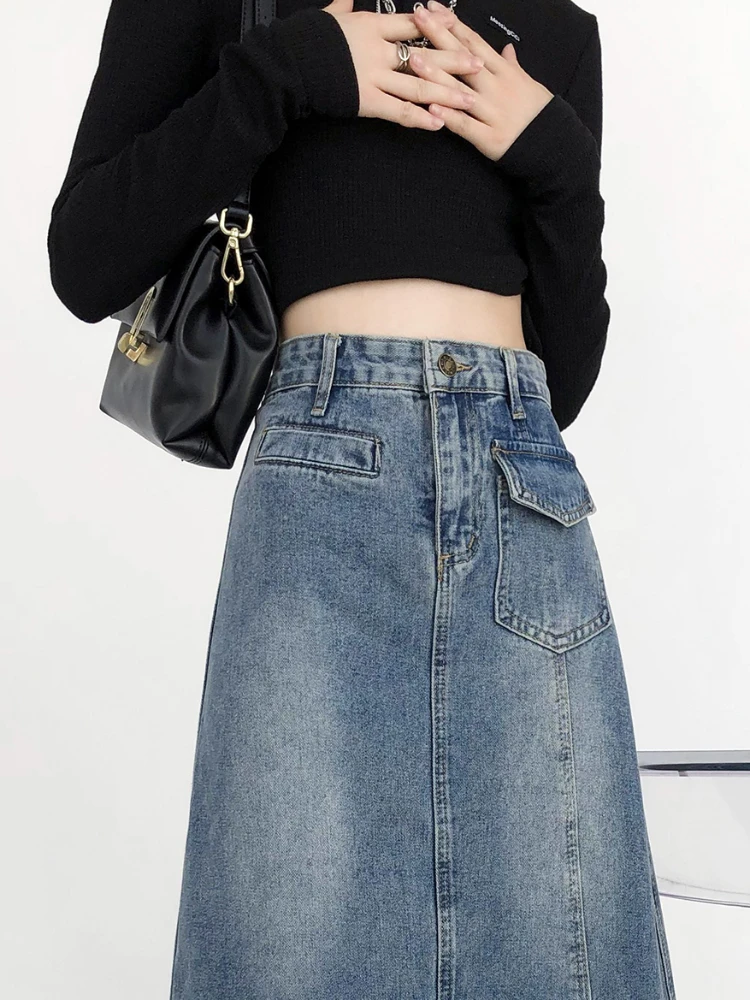 Skirts Women Leisure Pockets Denim Fashion Korean Style S-5XL Simple Solid Slit Autumn Student A-line Empire Clothes Midi Faldas