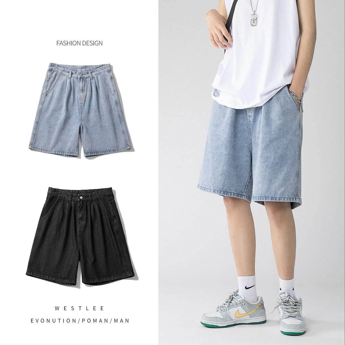 

Wide Leg Baggy Denim Shorts Men Summer Thin Solid Color Casual Loose Simple Knee-length Five-point Pants Male Jeans Shorts