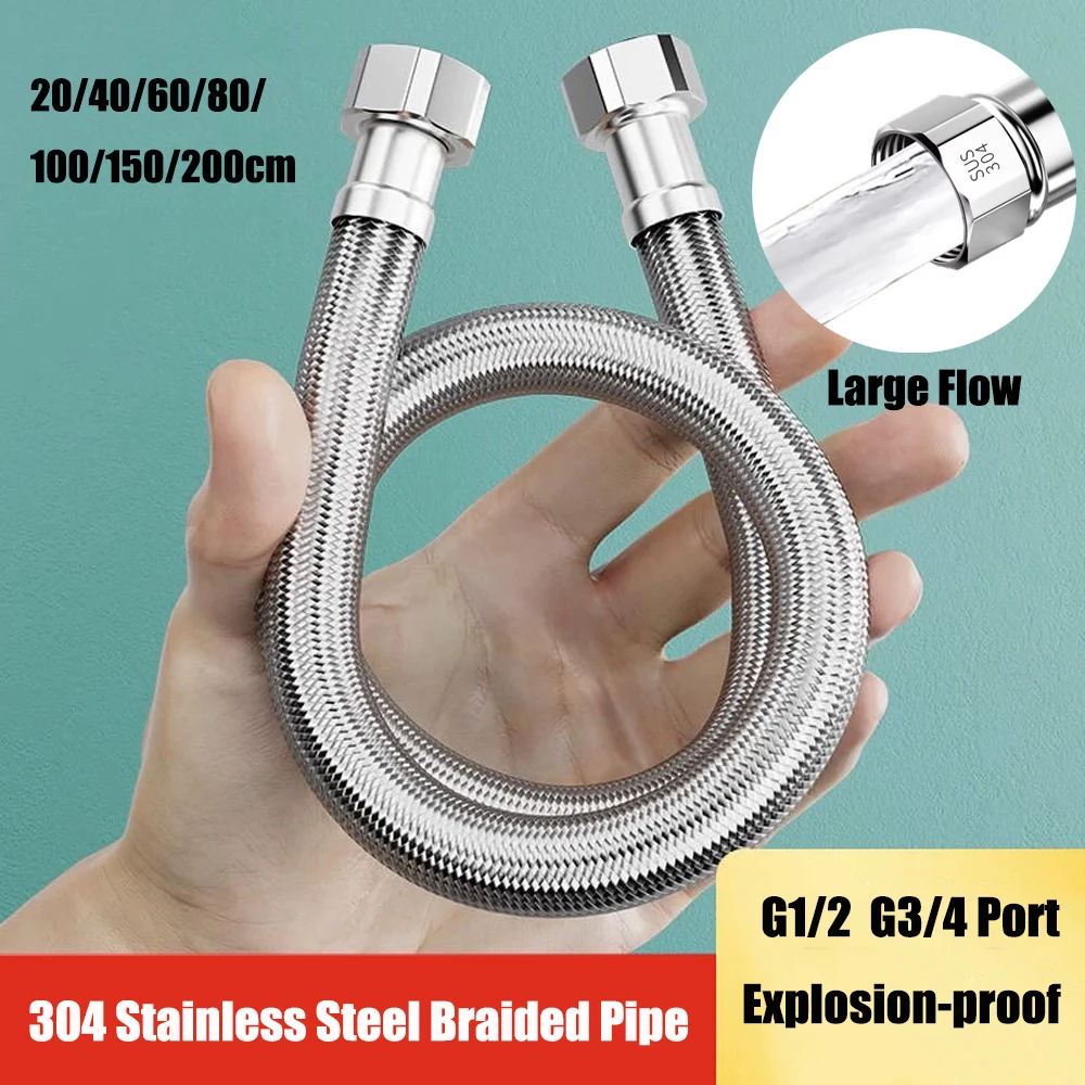 G1/2 G3/4 Schnittstelle 20/40/60/80/100/150/200cm 304 SUS Geflochtener Flexibler Schlauch 10mm Innenrohr Vergrößertes Großdurchfluss-Wasserzulaufrohr