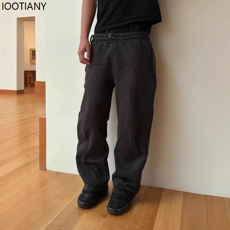 

Black American Pants Hip-hop Drawstring Sweatpants Elastic Waist Sweatpants Loose Solid Color Casual Harajuku Street Trend 2025