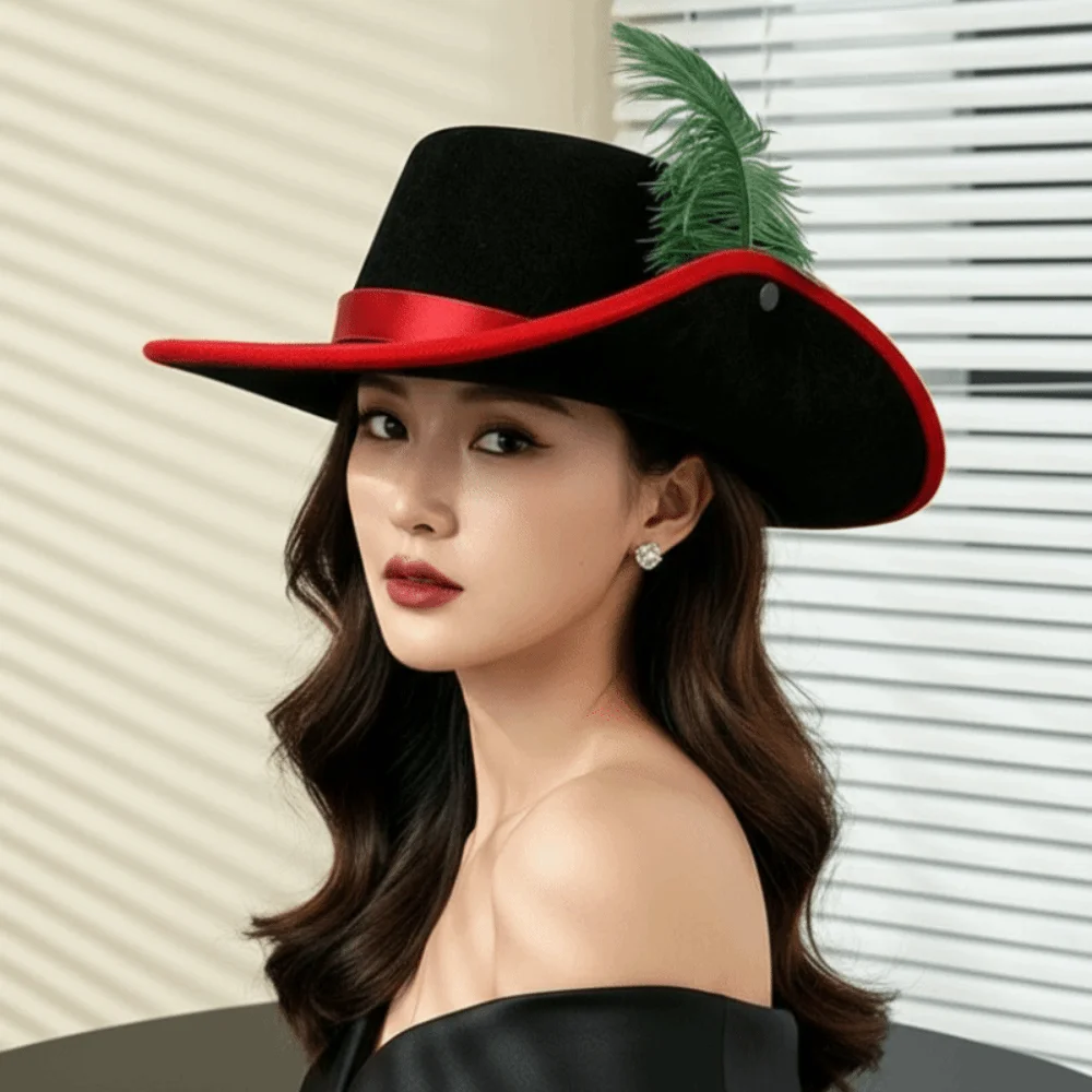 Felt Cavalier Top Hat Artificial Feather Wide Brim Feather Stage Cap Flat Top Lightweight Masquerade Headwear Stage Performance