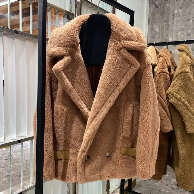 

2023Real fur,Women Jacket Teddy Bear Coat Winter Short Coat Female Autumn New Fashion Casual Camel Double Breasted High-end Keep