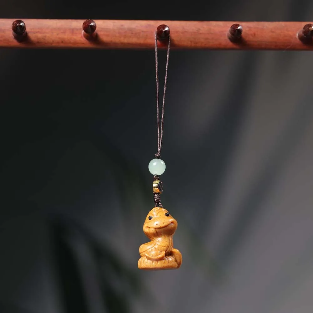 Statue Mini Zodiac Snake Dolls Auspicious Cute New Year Carved Pendant Rope Beads Green Sandalwood Ornament Gifts