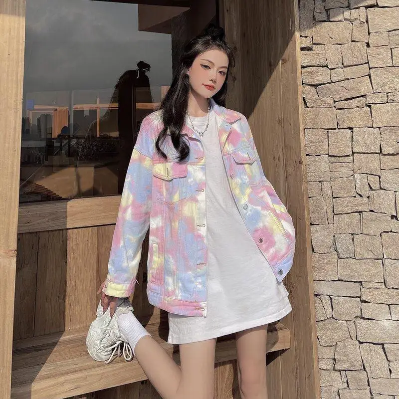 

Korean Style Sweet Cool Pink Tie Dye Denim Cargo Jacket New Spring Autumn School Girl Original Colorful Graffiti Women Jacket