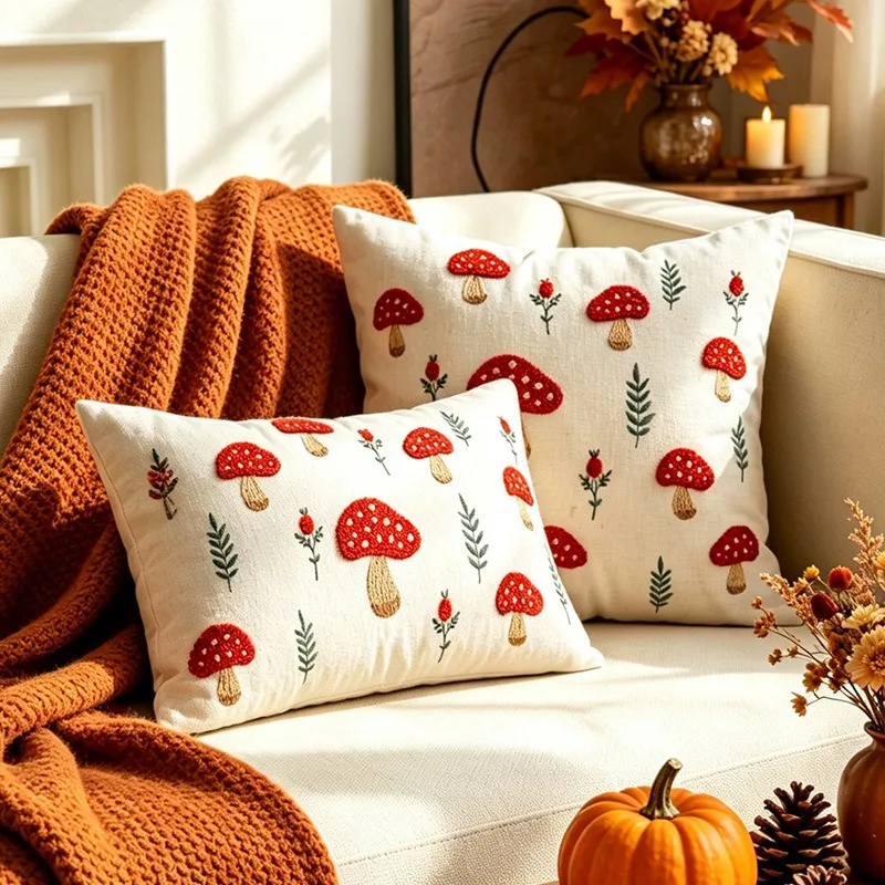 1pc Autumn Embroidered Mushroom Maple Leaf Pillow Cover Vintage Atmosphere Sofa Lumbar Cushion Case Home Decor