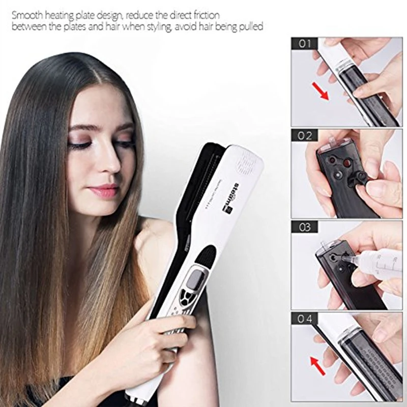 Professional Salon Steam Hair Straightener, Nano Titanium Ceramic Steam Flat Iron With Removable Comb EU Plug