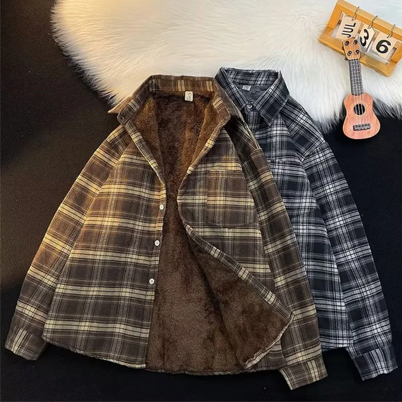 Men Retro Fleece Plaid Shirt American Casual Fashion Loose Thicken Shirts Autumn Winter Classic Warm Lapel Jackets