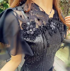 Handmade Beaded Crystal 3D Flower Tassel Full body Sequin Flying Sleeves Lace Blouse Shirt For Women 2024 Summer Tops Blusas