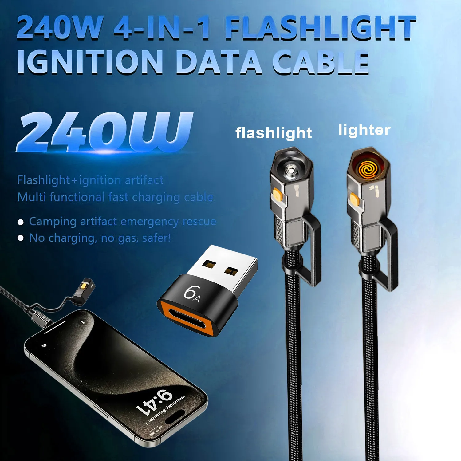 240w Fast Charging Cable Type C To Type C Flashlight with Lighter & LED OTG Port Braided USB C Cable For All Phone