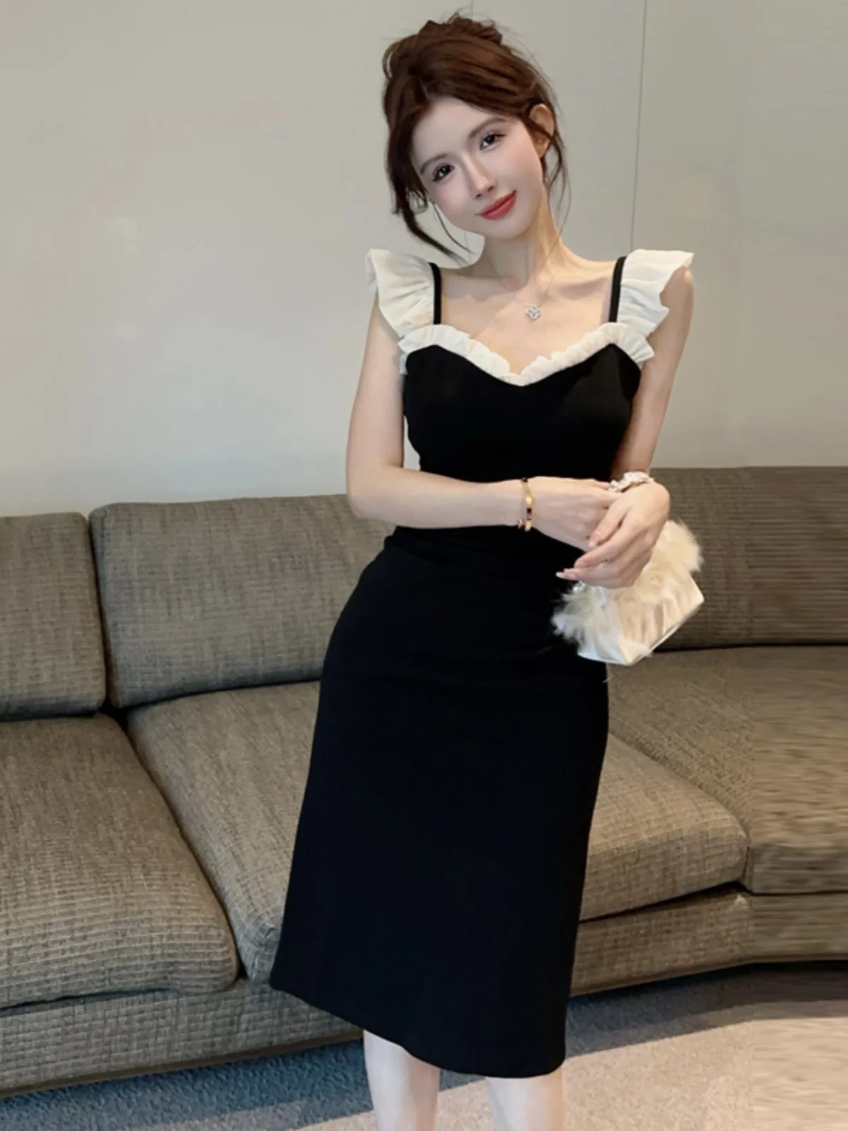 

Ele Mid-Length Color Blo Dr with Sves High Waist Velvet Women's Faion Spring Summer V-ne Bodycon Split Dr