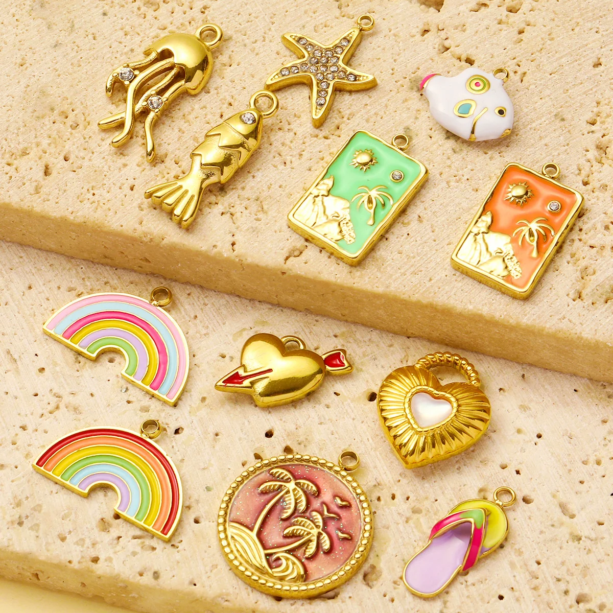 3pcs/Lot Stainless Steel Enamel Plam Sun Diy Charms Woman Rainbow Flip Flops Necklace Pendants Fish Heart Jewelry Wholesale