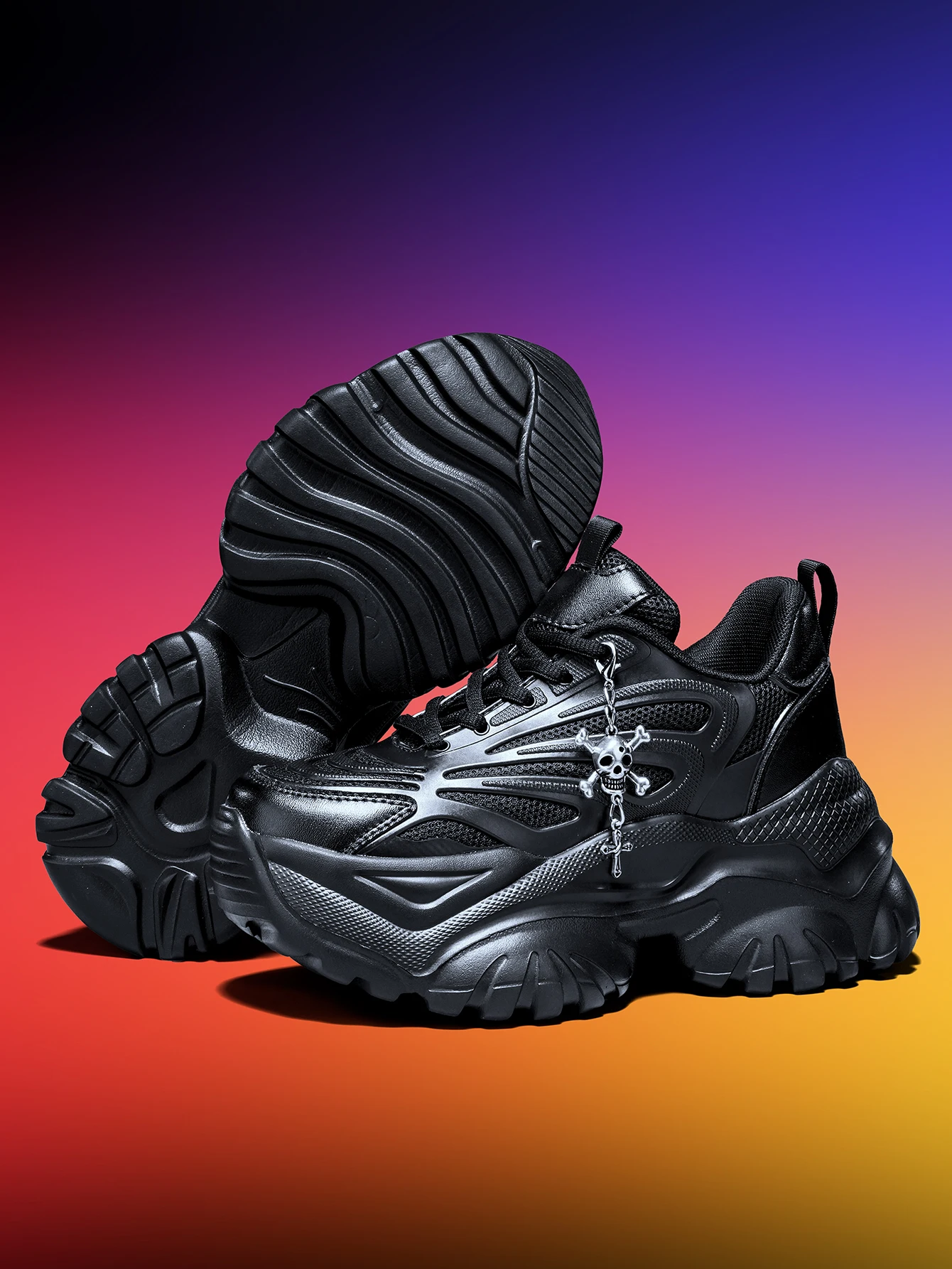 Damen-Outdoor-Allwetter-Modische Dad-Schuhe, Eva-Leichtgewicht-Sneaker mit dicker Sohle und 7 cm Absatzhöhe, orangefarbene Sportschuhe mit abnehmbarem silbernen Kreuz- und Totenkopf-Anhänger im Halloween-Punk-Stil, vielseitig einsetzbar für den täglichen Arbeitsweg und Fitness – Detail 19
