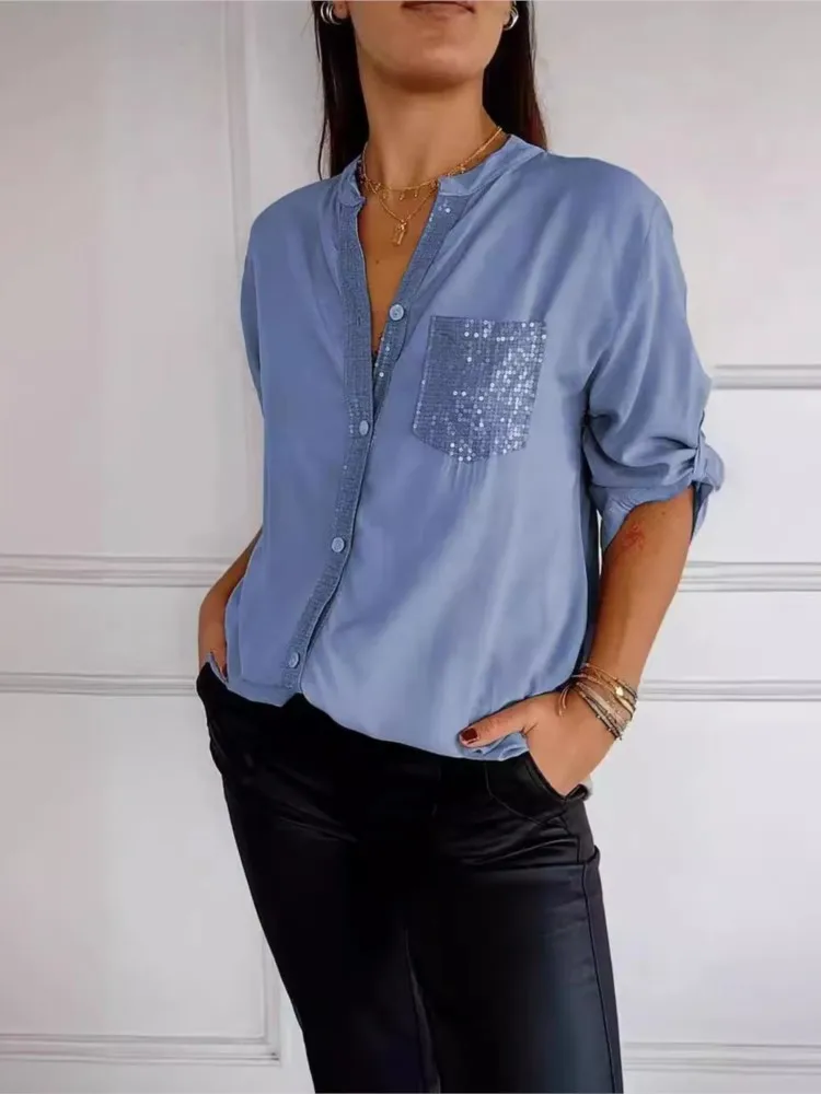 Women Casual Sequin Beaded Shirts Long Sleeve Vintage Shirt Spring Summer Fashion Turn-down Collar Button Blouse Geometric Tops