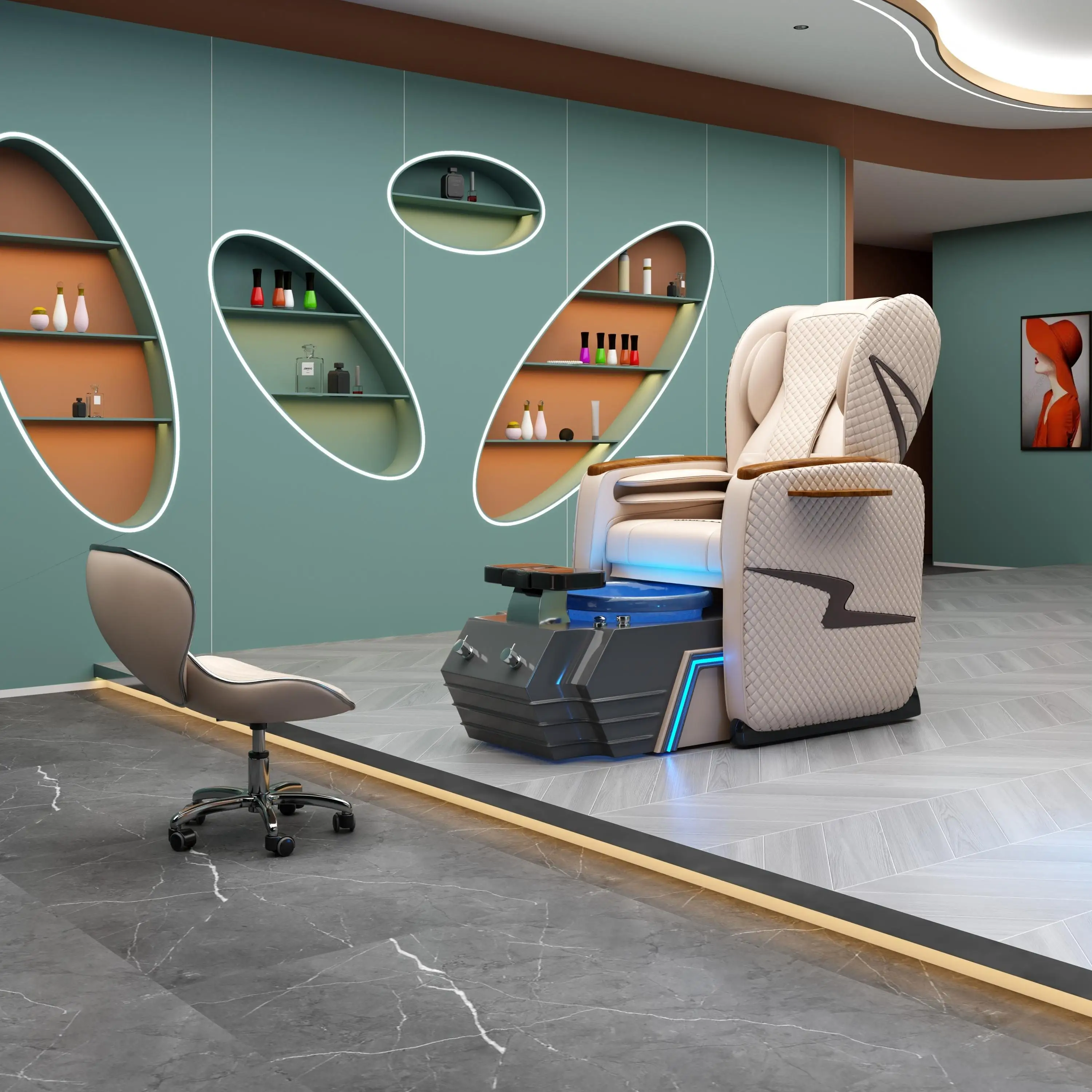 Czarne elektryczne krzesło do pedicure z masażem stóp, manipulatorem, podświetleniem, szklaną miską z efektem fali wodnej i pompą odpływową.