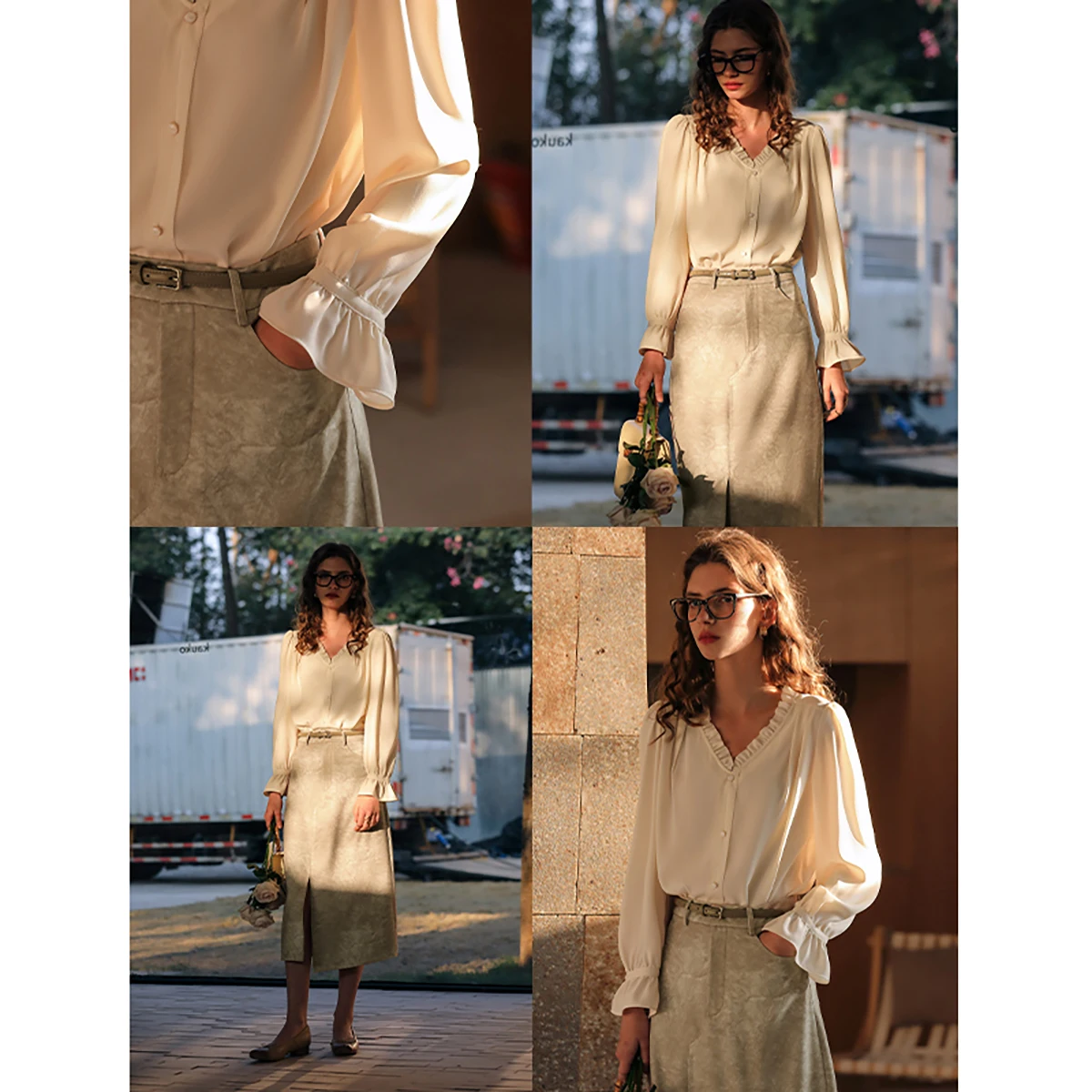 

OLrain French Style Chiffon Blouse Women Solid V-Neck Ruffled Shirts Autumn 2025 New Elegant Puff Sleeve Female Shirt O24CX89369