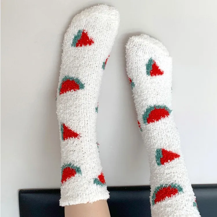 Woman Winter Autumn Plush Socks Girls Sweet Fruit Print Thick Sock