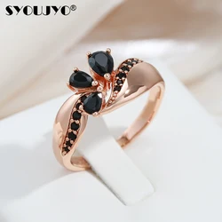 SYOUJYO Fashion Black Natural Zircon Women's Ring 585 Rose Gold Color Bride Wedding Luxury Jewelry Oil Dripping Ring