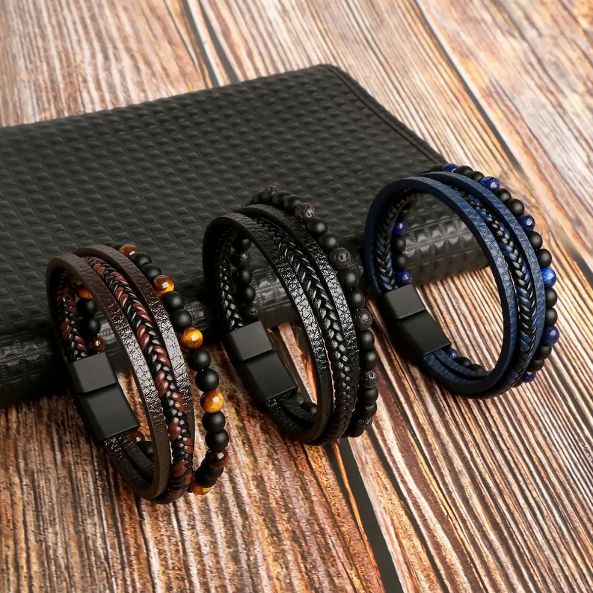 4 Style Fashion Layered Handmade Braided Leather Bracelet,Tiger Eyestone Beaded Bracelet, Characteristic Punk Bracelet