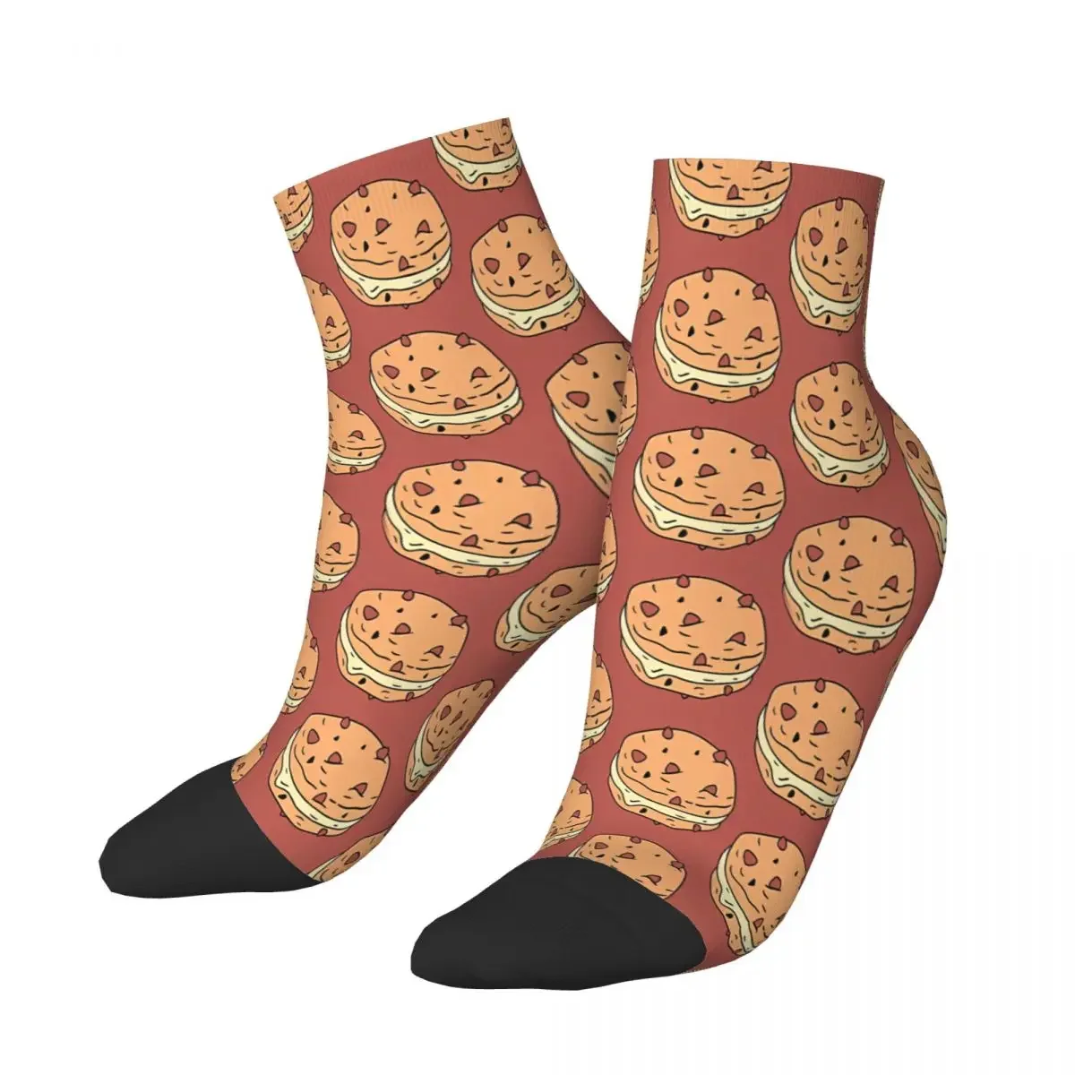 Red Background Cartoon Chocolate Cookies Cookie Ankle Socks Male Mens Women Winter Stockings Polyester