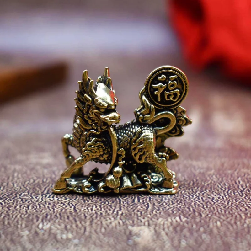 Creative Brass Fu Character Kirin Small Ornament Home Office Copperware Tea Pet Decoration Craft