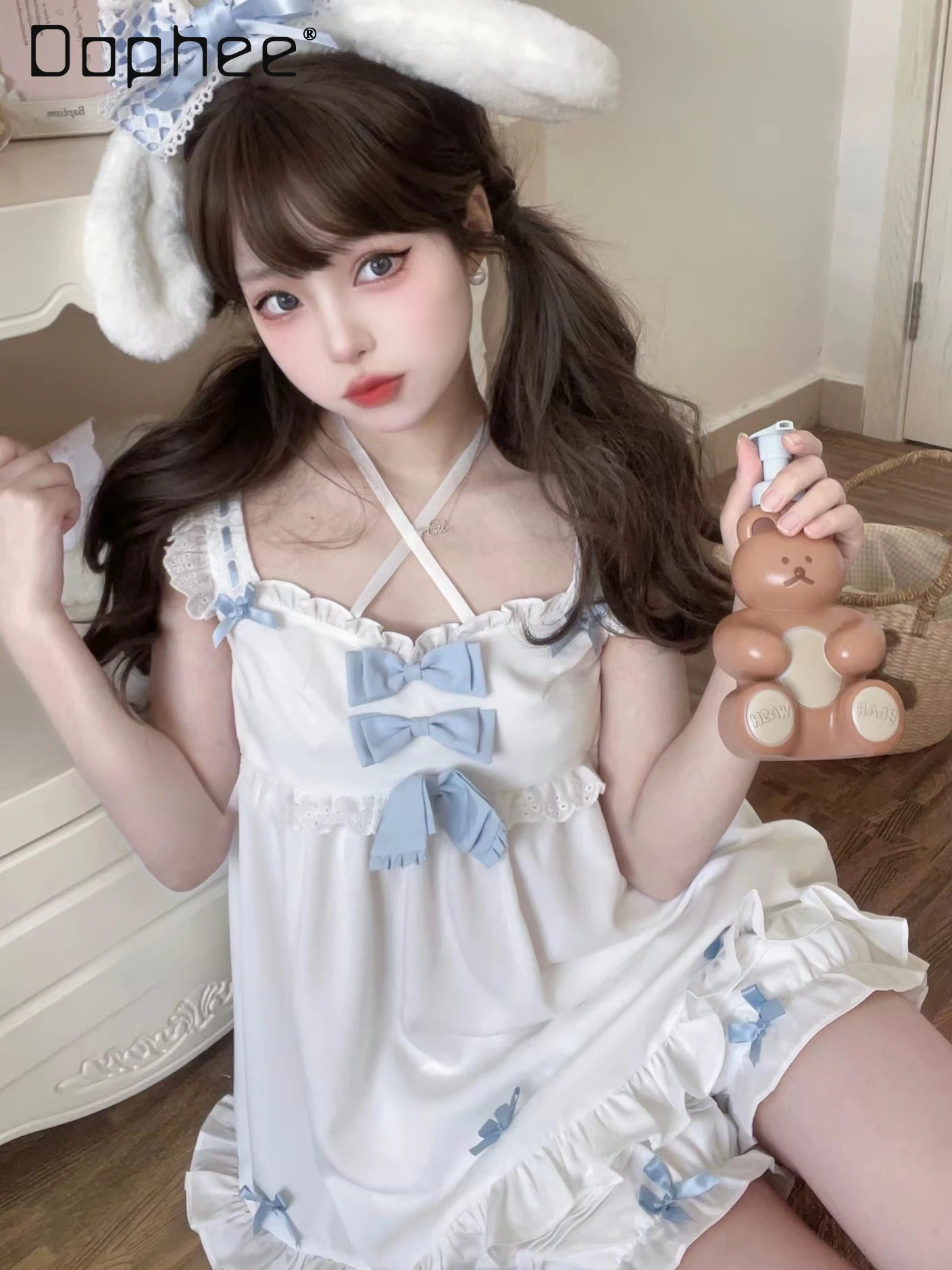 

Japanese Style Bow Camisole Pajamas Sets Ruffle Loose Pumpkin Shorts Sleeveless Square Collar Cute Kawaii Homewear Girls