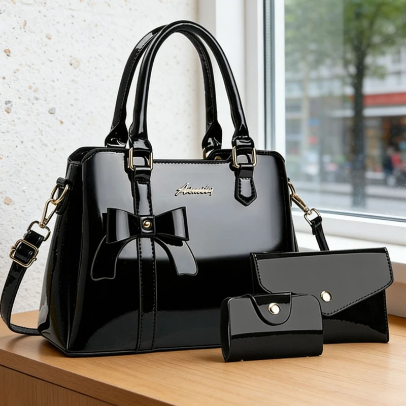 Women's Casual 3-Piece Handbag Set, Glossy Leather Women's Bag with Bow Charm of Premium Texture, Multiple Colors Available