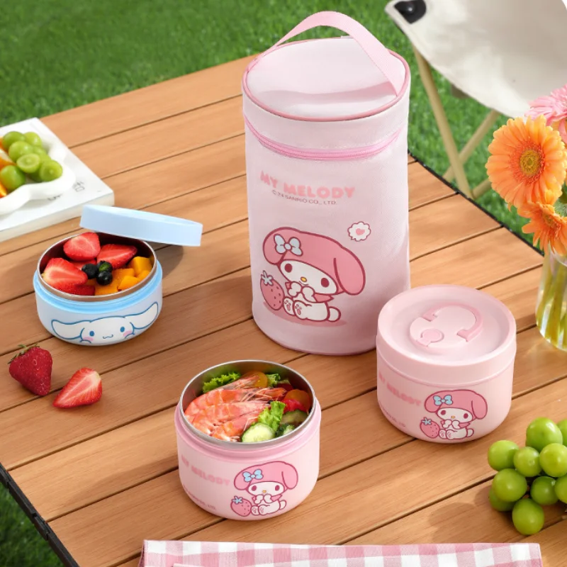 Sanrios My Melody Cartoon Anime 3Pcs Insulated Lunch Box Sus304Cinnamoroll Bento Box Set Home Office Outdoor Portable Soup Bowl