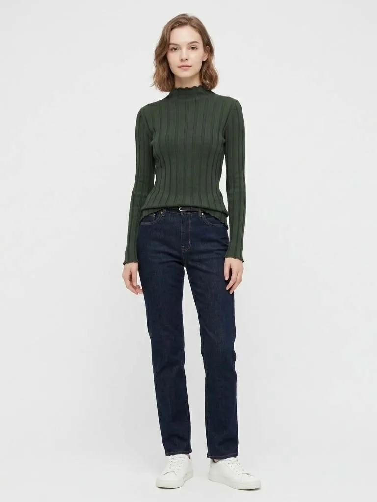 Mock Neck Cotton Sweater Women Basic Wide Ribbed Tops Knitted Pullovers Autumn