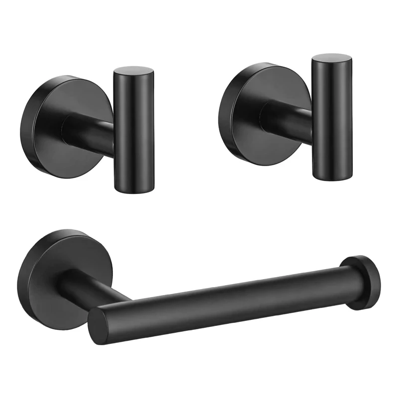 

3-Piece Bathroom Hardware Set Wall-Mounted Toilet Paper Holder 2 Towel Hooks Modern Black Bath Accessories Christmas Decor Gift