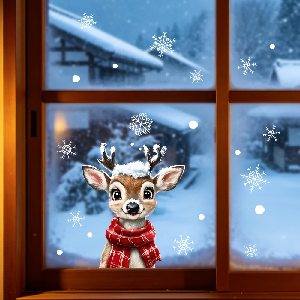 4pcs/1pc Christmas Necklaces, Snowflake, Deer, Window Stickers, Static Cling Stickers, Home Decor Display Window Wall Decoration