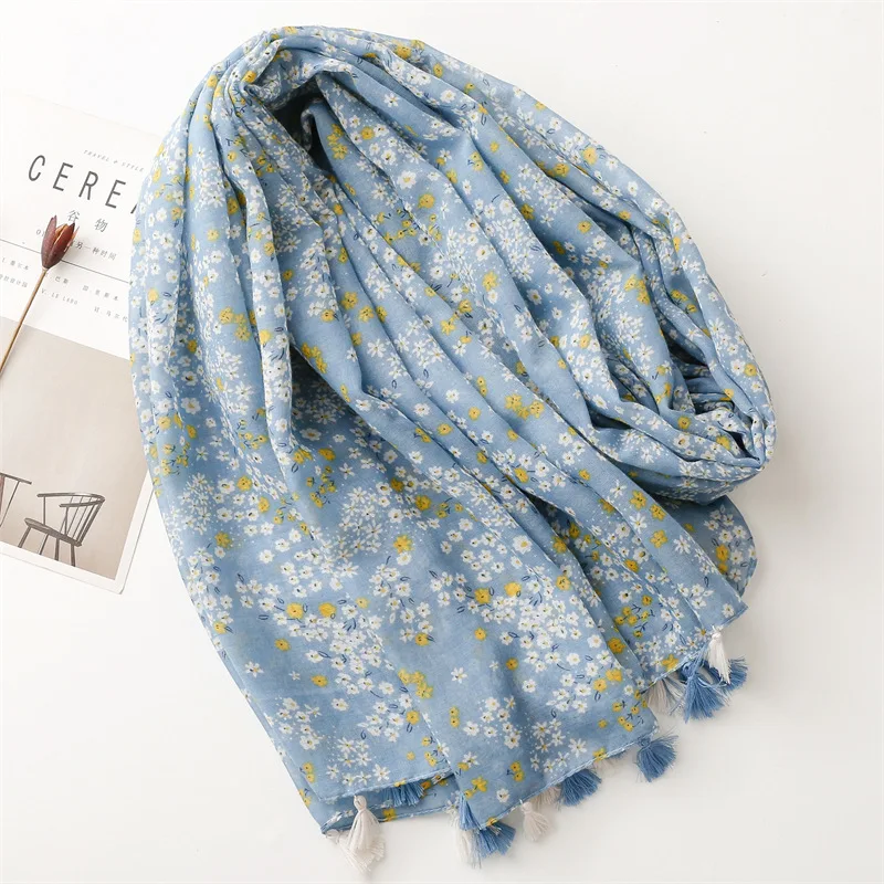 KYQIAO luxury brand woman scarf Korean fashion long printed blue hijab scarf women 2024 headscarf women accessories